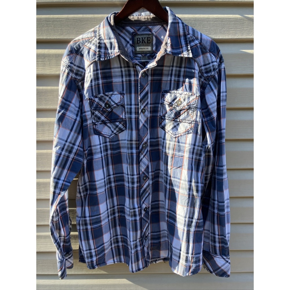 BKE Buckle Mens Shirt XL Blue White Athletic Fit Long Sleeve metal buttons Plaid